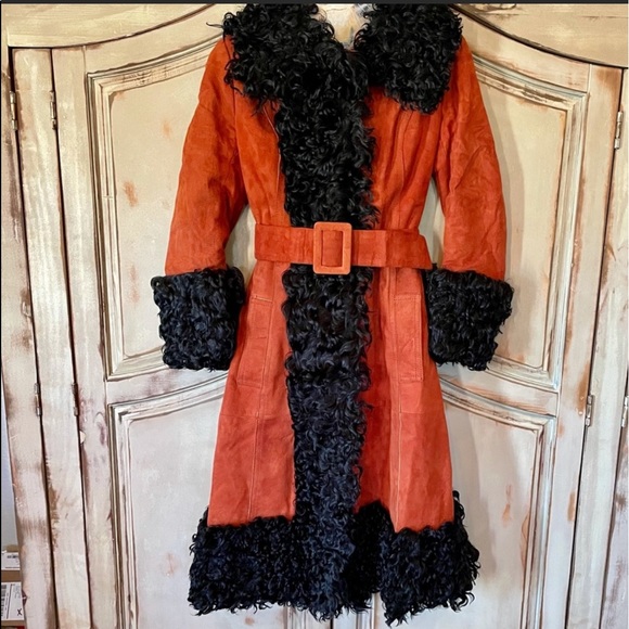 Vintage Red Suede Jacket with Black Curly Lamb Hair. Christmas Coat. - Picture 3 of 7